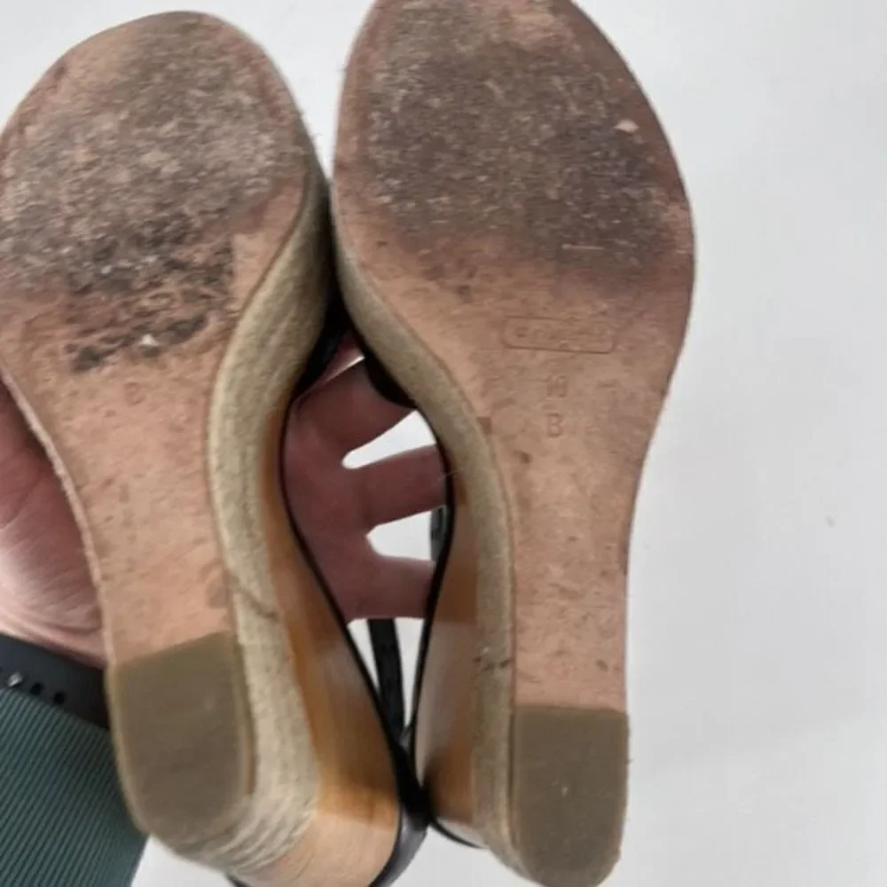 Coach Gala Black Leather Wedges Espadrille Wood Size 10 Peep toe T Strap Sandals